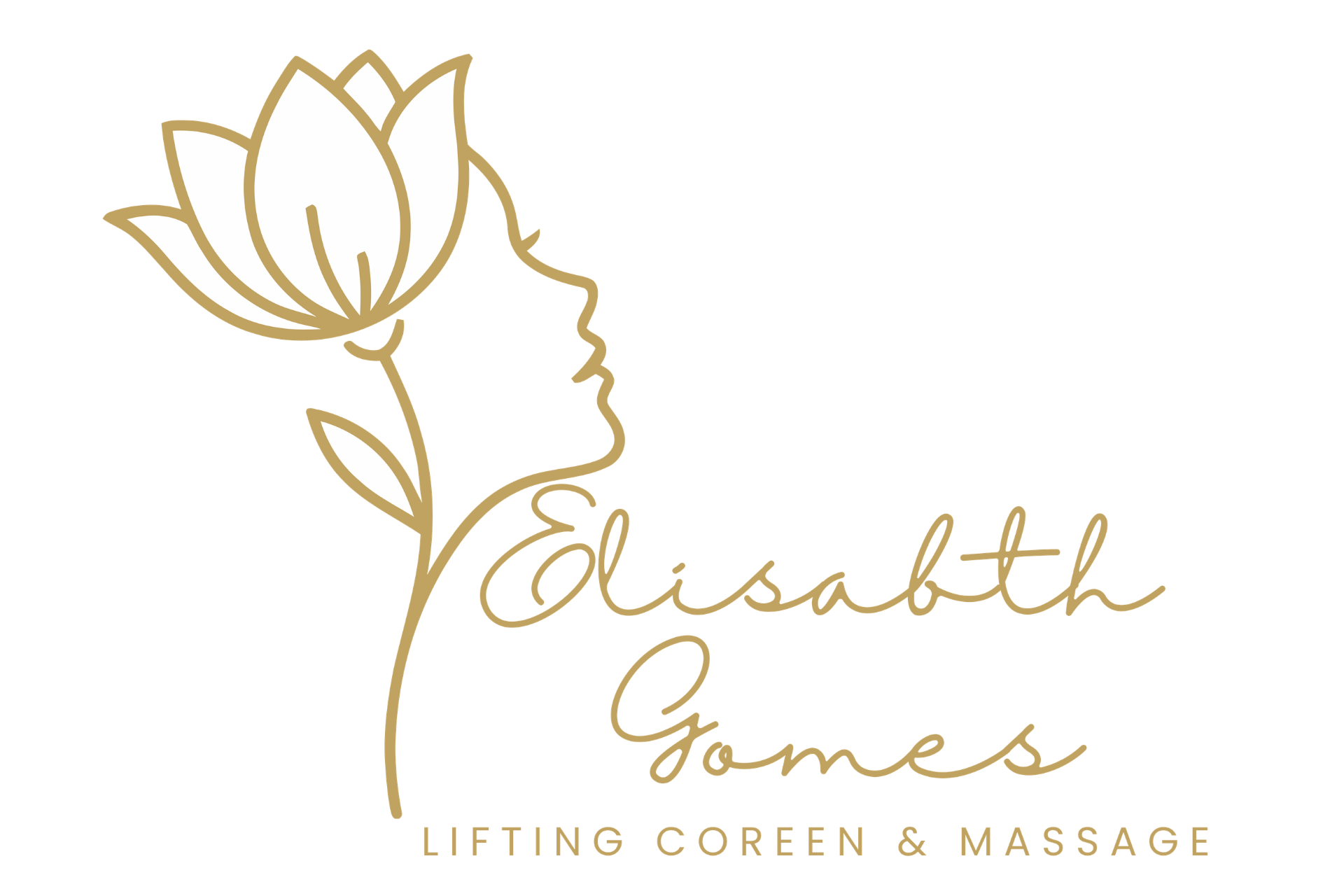 Logo Elisabeth Gomes Lifting Coreen & Massage avec profil féminin et fleur lotus dorée