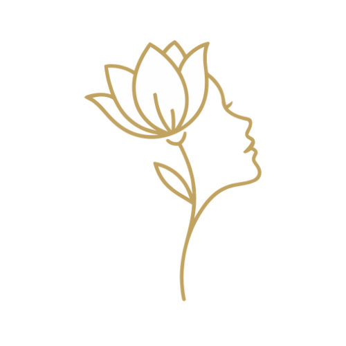 Illustration minimaliste d'un profil de femme avec une fleur de lotus stylisée en or sur la tête