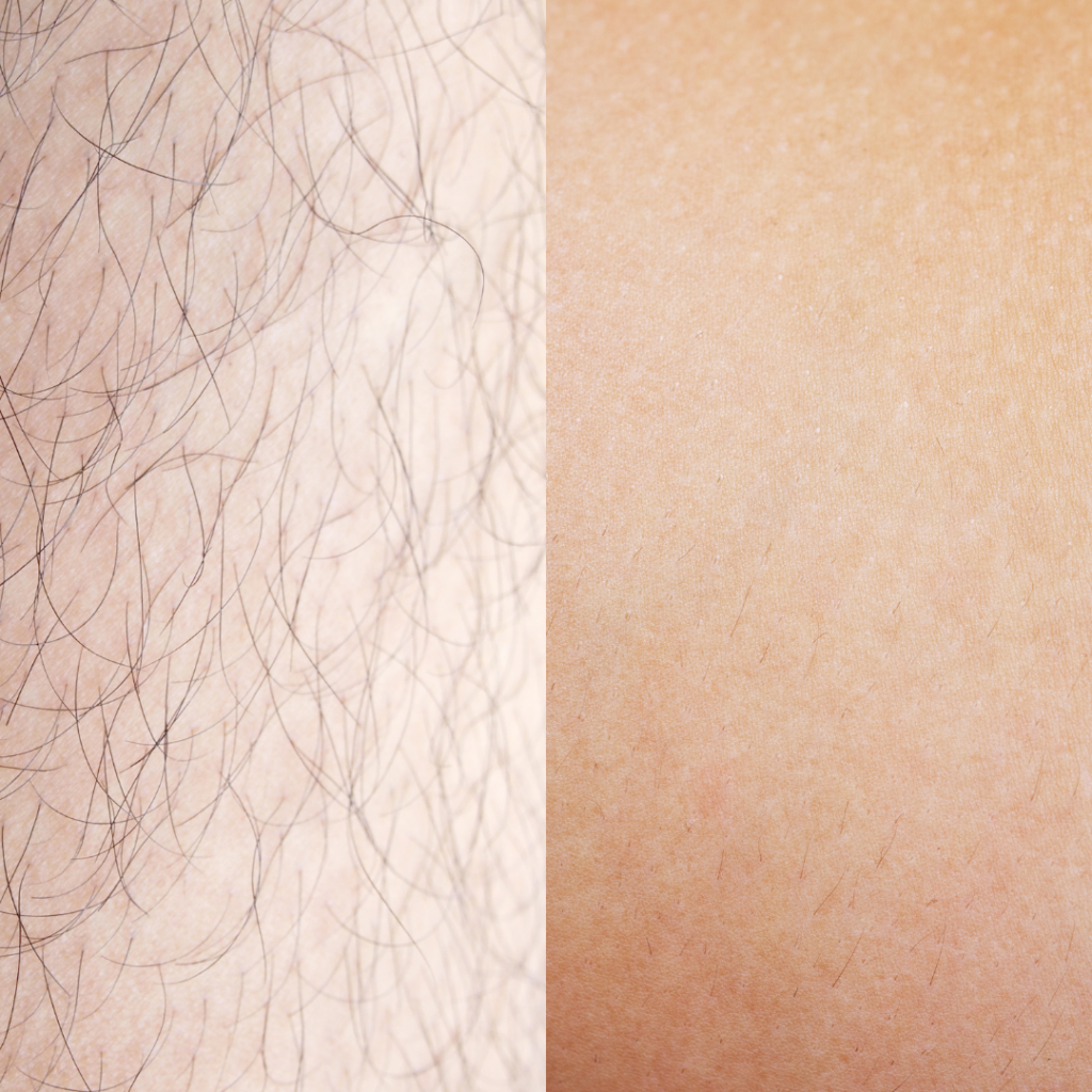 Comparaison avant-après d'une épilation du dos, montrant une peau avec pilosité à gauche et une peau lisse épilée à droite
